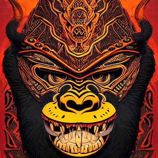 Image similar to barong family member, wiwek, mara demon, one single tribe member, jungle, one single mask, dark, ancient warrior, gorilla, lizard, tribal, inner glow, art by dan mumford and justin gerard and sachin teng