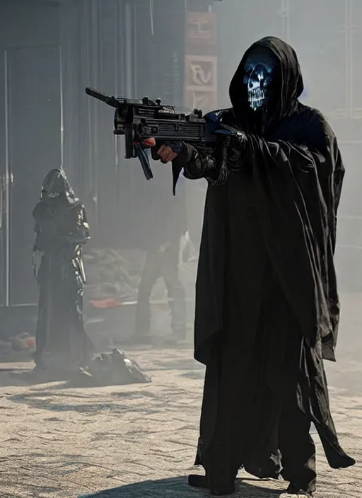 Prompt: dark figure wearing black robe tactical carrying AR-15 hooded polished gold skull cyberpunk 2077 bladerunner 2049 movie still (2017) Wayne Barlowe and Greg Rutkowski