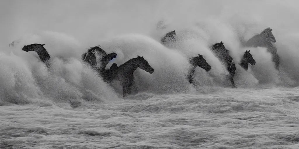 Prompt: extreme, wild water waves foam forms attacking horses, army of horsemen