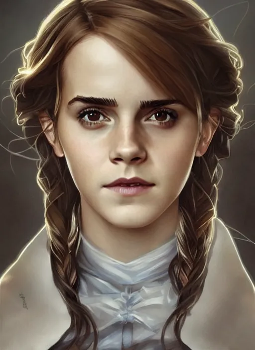 Image similar to emma watson as hermione granger at hogwarts. beautiful detailed face. by artgerm and greg rutkowski and alphonse mucha