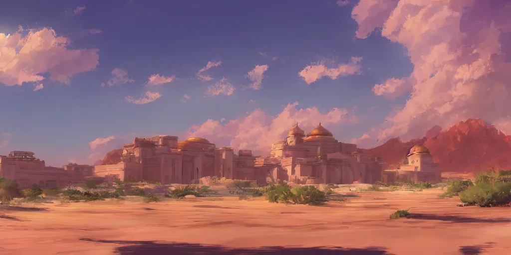 Image similar to a stunning desert landscape with an arabian palace on the horizon by makoto shinkai