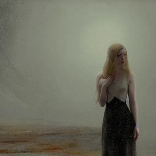 Prompt: Elle Fanning in the painted world of Bladerunner 2049, head and shoulders masterpiece, apocalypse, golden hour, cosmic horror, artstation, in the style of Andrew Wyeth and Edward Hopper and Bosch, extremely detailed