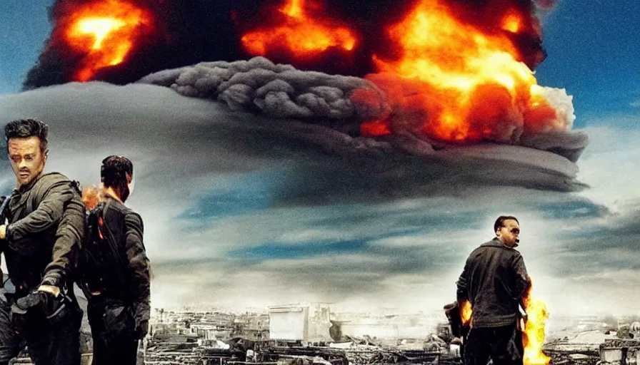 Image similar to big budget action movie about a nuclear explosion destroying a city