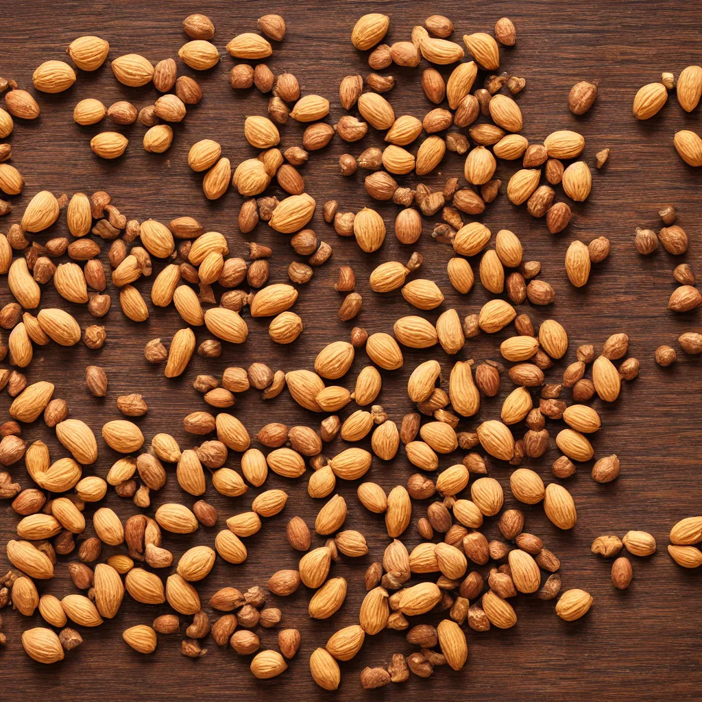 Prompt: top-down view with nuts on top of a wooden table, wallpaper, 4k, photorealistic