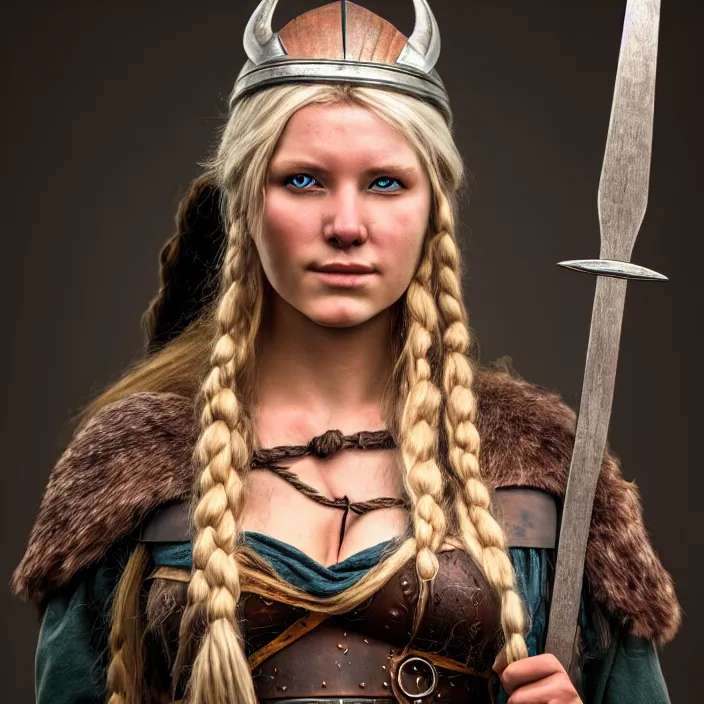 Prompt: full length photograph of a real-life female beautiful viking, Extremely detailed. 8k