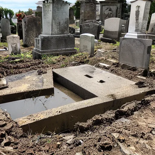 Image similar to The mixed mediart shows a grave that has been flooded with water. The grave is located in a cemetery in Italy. The water in the grave is dirty and there is trash floating in it. The grave is surrounded by a fence. by Henry Moore contest winner