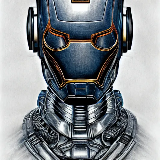 Image similar to steampunk, H.R. Giger design of Iron Man, head and body, drawing on pencil, ornate, details, smooth, sharp focus, illustration, realistic, cinematic, artstation, award winning, rgb, ethereal blue lighting, 8K, H 1088