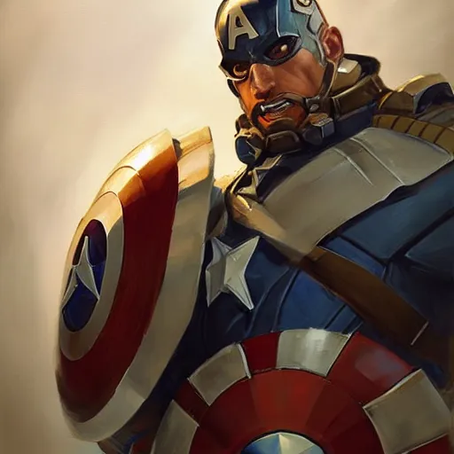 Image similar to greg manchess portrait painting of heavily armored captain america as overwatch character, totally whack, medium shot, asymmetrical, profile picture, organic painting, sunny day, matte painting, bold shapes, hard edges, street art, trending on artstation, by huang guangjian and gil elvgren and sachin teng