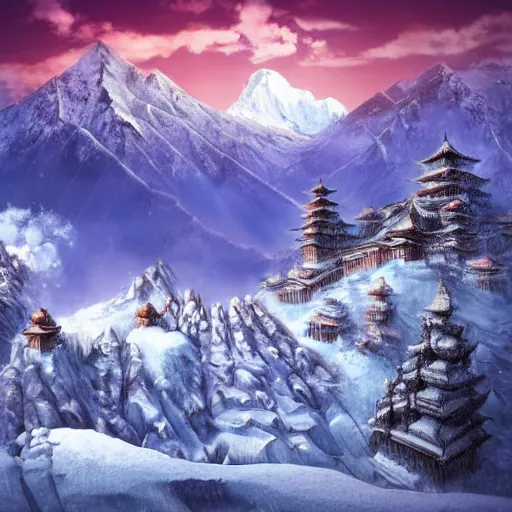 Image similar to snowy peaks, himalayas, buddhist temple, stunning, extraordinary, blizzard, mystical, made in abyss style, detailed, dynamic scene