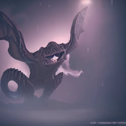 Image similar to real life Pokemon, creepy!!!, scaly!!!, menacing!!!, evil, ultra realistic, morning, fog, volumetric lighting, sharp focus