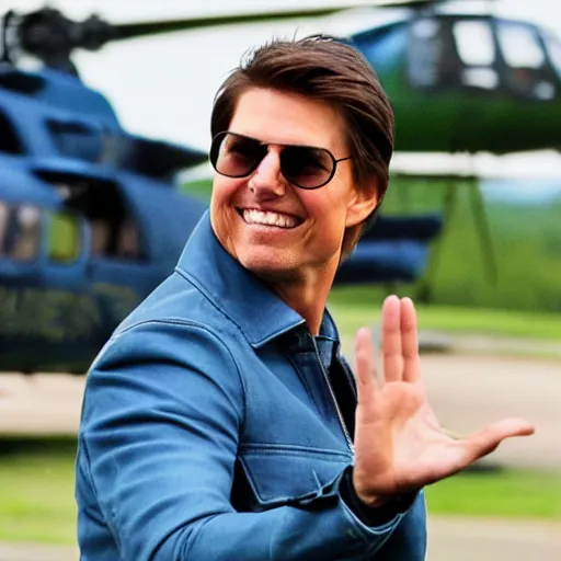 Image similar to Tom Cruise waving to fans. He's wearing bluejeans and a green jacket, Ralph Lauren. A helicopter is in the background. Shallow depth of field