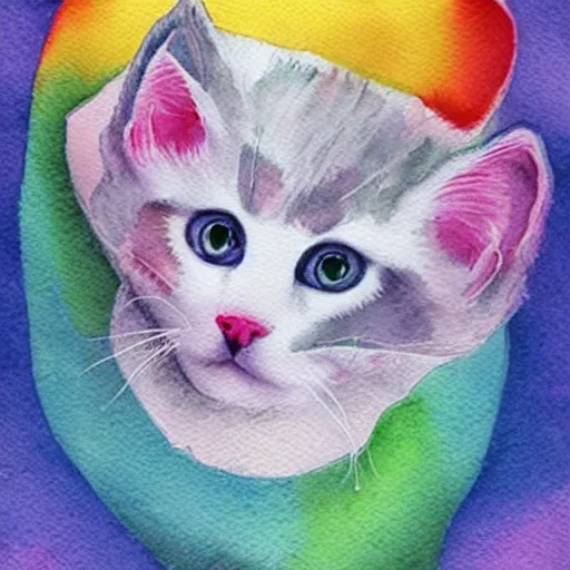 Image similar to a prism magically fractures a white kitten into every color of the rainbow, surreal fantasy watercolor,