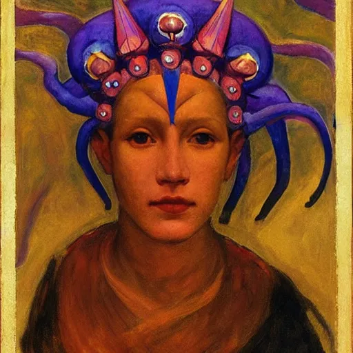 Image similar to the tentacle crown, by Annie Swynnerton and Nicholas Roerich and Diego Rivera, glowing skin, elaborate costume, geometric ornament, symbolist, rich color, dramatic cinematic lighting, smooth, sharp focus, extremely detailed