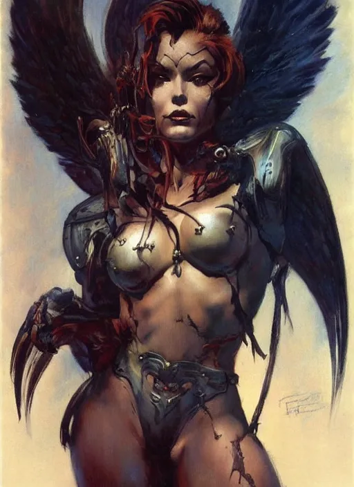 Image similar to portrait of female chaos angel, beautiful! coherent! by frank frazetta, by brom, strong line, deep color, armor, volumetric hair, high contrast