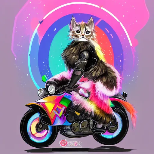 Image similar to wide angle full body, jacket wearing fluffy cute rainbow kitten wearing a black leather motorcycle jacket, riding on a motorcycle, cinematic concept art