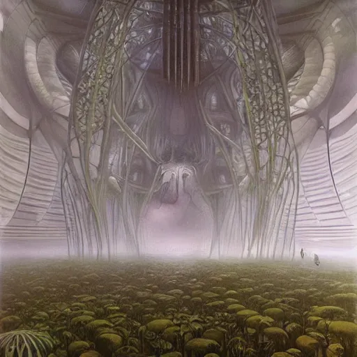 Prompt: epic alien jungle by zdzisław beksinski, greg rutkowski inside a giant futuristic bio structure by zaha hadid