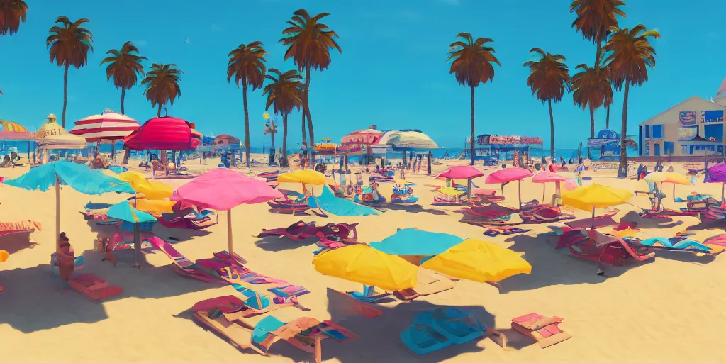 Image similar to a film still of a sunny and colourful beach scene in santa monica, los angelos by wes anderson, wide shot, sharp, rendered in unreal engine 5, bloom, dramatic lighting