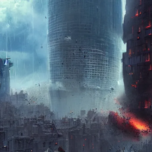 Prompt: movie still of a black hole destroying the city, large part of buildings are flying into the black hole, tornado, post apocalypse, epic art, highly detailed, art by marc simonetti, greg rutkowski 4 k