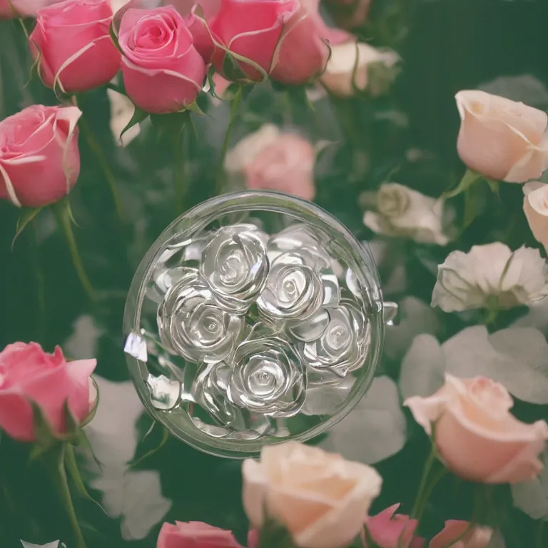 Image similar to chrome flowers in the terrarium, film photo, soft lighting album cover, nostalgia, rose gradient