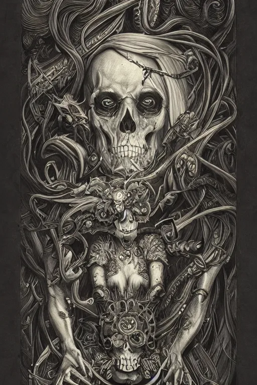 Prompt: malice, skulls, tendrils, dark atmosphere, greyscale, detailed linework, cinematic, psychedelic, black paper, ornate, symmetrical, tarot card, highly detailed, ink illustration, style of peter mohrbacher, golden ratio, 8k