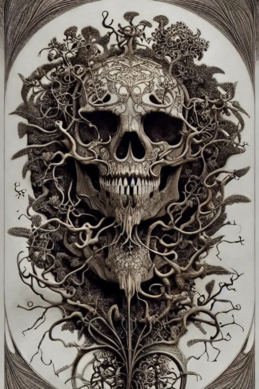 Image similar to art forms of nature by ernst haeckel, memento mori by arthur rackham, ornate antique porcelain beautiful skull mask, ultrasharp, photorealistic, hyperdetailed, octane render, polished, art nouveau, neo - gothic, gothic, intricate ornamental organic filigree, art nouveau botanicals, art forms of nature by ernst haeckel, horizontal symmetry, symbolist, visionary