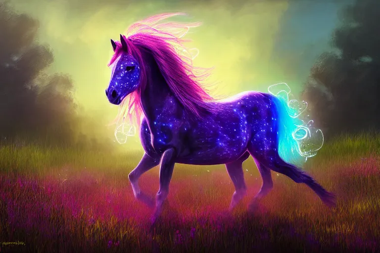 Prompt: a stunning digital painting of a flowerpunk horse with a mane of bioluminescent flowers running through a meadow by eddie mendoza, volumetric light, digital art, fine detail, photorealistic