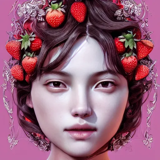 Image similar to the face of an absurdly beautiful, graceful, elegant, sophisticated, fashionable young gravure idol made of strawberries and white petals, an ultrafine hyperdetailed illustration by kim jung gi, irakli nadar, intricate linework, bright colors, octopath traveler, final fantasy, unreal engine 5 highly rendered, global illumination, radiant light, detailed and intricate environment