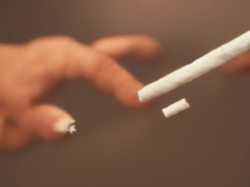 Prompt: Close-up view of hyperrealistic thin soft hand holding cigarette with smoke, by Bernardo Ramonfaur, hyper realism, 4K