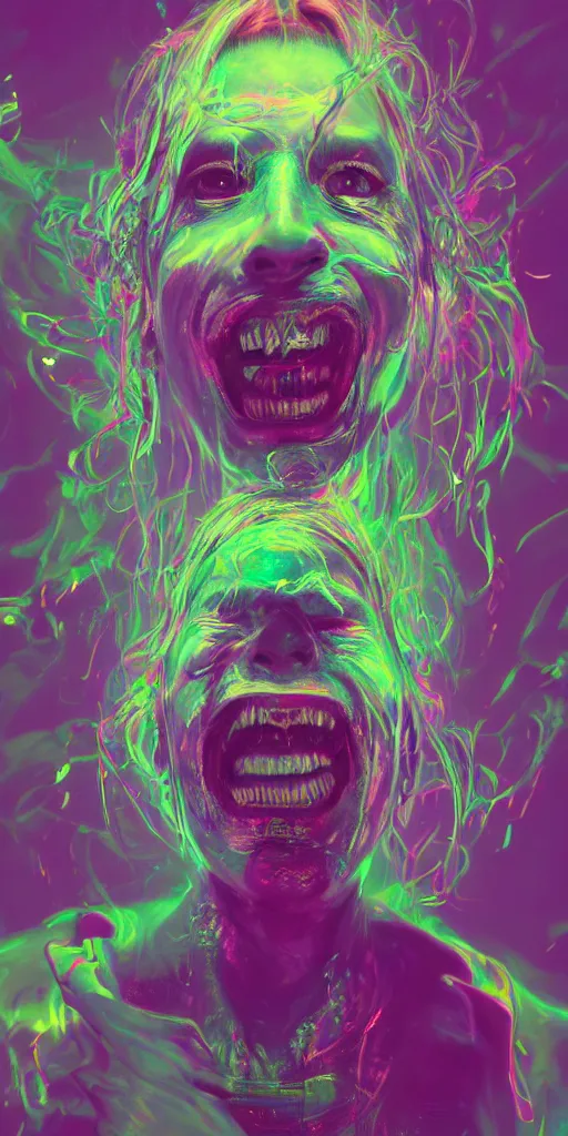 Image similar to impossibly beautiful portrait, dapper dream demon, bad trip, insane smile, intricate complexity, surreal horror, inverted neon rainbow drip paint, trending on art station, photoreal, 8 k, octane render by greg rutkowski