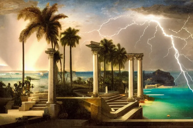 Prompt: mediterranean balustrade and columns, refracted lightnings on the ocean, thunderstorm, fountain, greek pool, beach and Tropical vegetation on the background major arcana sky and occult symbols, by paul delaroche, hyperrealistic 4k uhd, award-winning, very detailed paradise