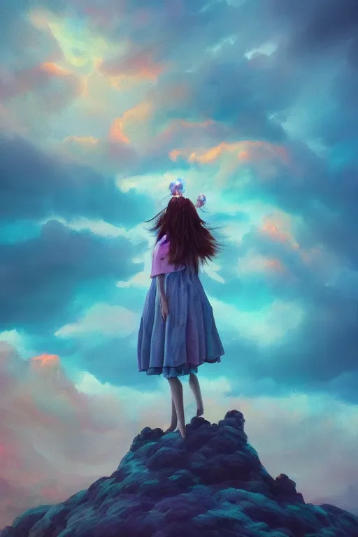 Image similar to closeup giant dahlia flower under head, girl standing on mountain, surreal photography, blue storm clouds, dramatic light, impressionist painting, digital painting, artstation, simon stalenhag