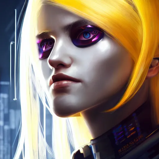 Image similar to A beautiful cyberpunk painting of a female hacker with white hair and yellow eyes by Wlop and ZeD, beautiful face, leather jacket, trending on artstation, pixiv, 4k, HDR, unreal engine