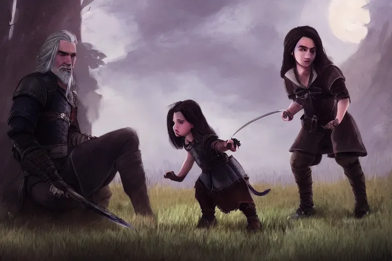 Prompt: Little Geralt and little Yennefer play together, Yennefer uses magic, digital art by greg rutkowsky, masterpiece, balanced colors HD