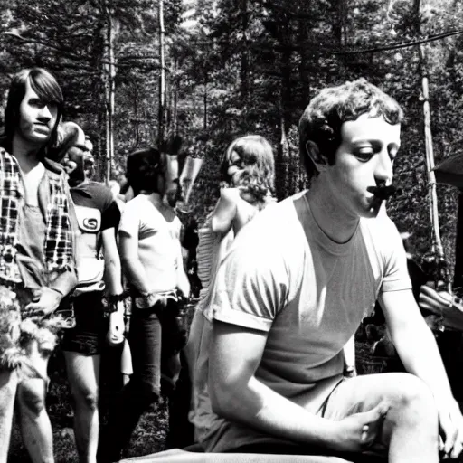 Image similar to photograph of mark zuckerberg smoking bongs and selling acid at powder ridge rock festival, 1 9 7 0