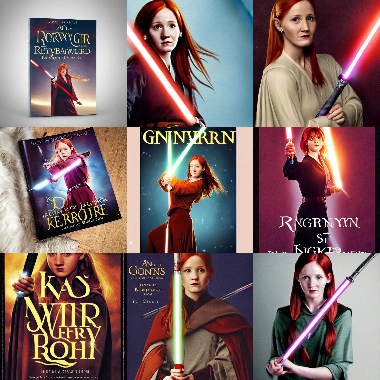 Prompt: A book by J.K. Rowling, the cover art is an image of Ginny Weasley as a Jedi Knight holding a lighsaber, the book is on a table, studio lighting