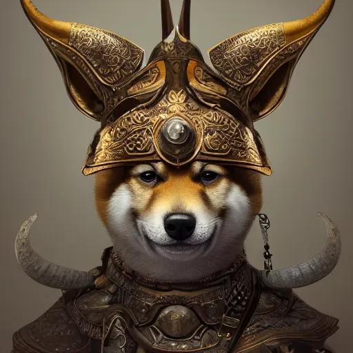 Image similar to detailed photorealistic painting of a shiba inu wearing a highly detailed ornamented bronze typical viking helmet with two horns, sharp focus in the style of ruan jia, Mandy jurgens, cinematic light, concept art, trending on artstation, ultra realistic