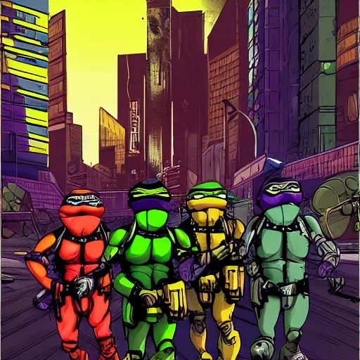 Image similar to cyberpunk teenage mutant ninja turtles in a cyberpunk city