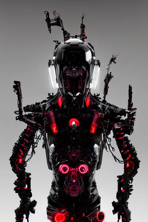 Image similar to full-body cyberpunk style sculpture of a young handsome dark god of battle, half android with a head opening exposing circuitry, glowing red eyes, black roses, flowing blood-red colored silk, fabric, candles. baroque elements, genetically augmented cyborg male. full-length view. baroque element. intricate artwork by caravaggio. Trending on artstation, octane render, cinematic lighting from the right, very very very very long curly blond hair, hyper realism, octane render, 8k, depth of field, 3D