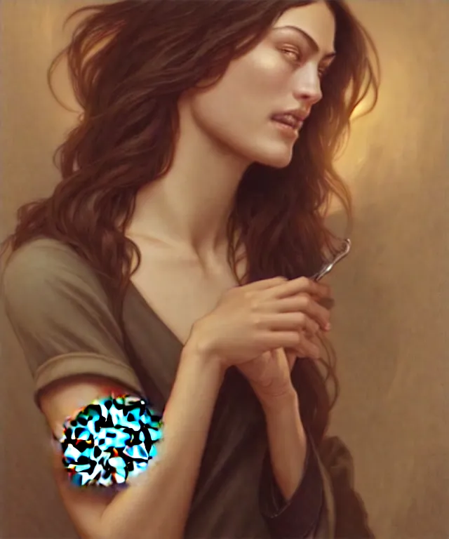 Image similar to Phoebe Tonkin as a very happy starbucks barista, portrait, intricate, elegant, highly detailed, digital painting, artstation, concept art, smooth, sharp focus, illustration, art by artgerm and greg rutkowski and alphonse mucha