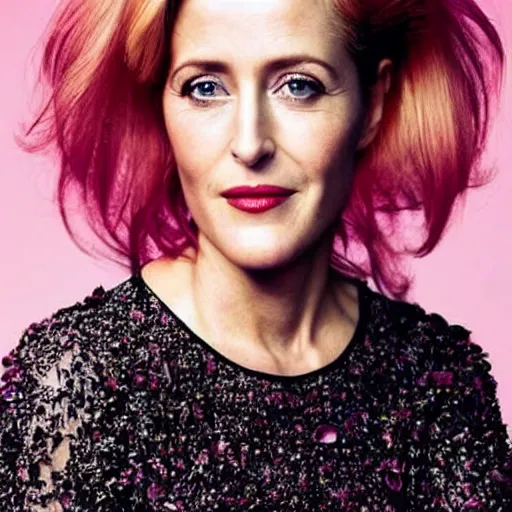 Image similar to photo of a gorgeous 50-year-old Gillian Anderson with pink pixie cut hairstyle by Mario Testino, detailed, head shot, award winning, Sony a7R -