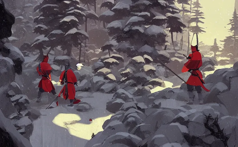 Image similar to a ancient chinese warrior scene in the snowy forest illustration by atey ghailan and escher and edward hopper