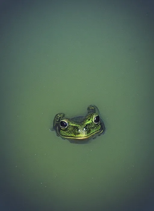 Image similar to “semitranslucent smiling frog amphibian floating over misty lake waters in Jesus Christ pose, low angle, long cinematic shot by Andrei Tarkovsky, paranormal, eerie, mystical”