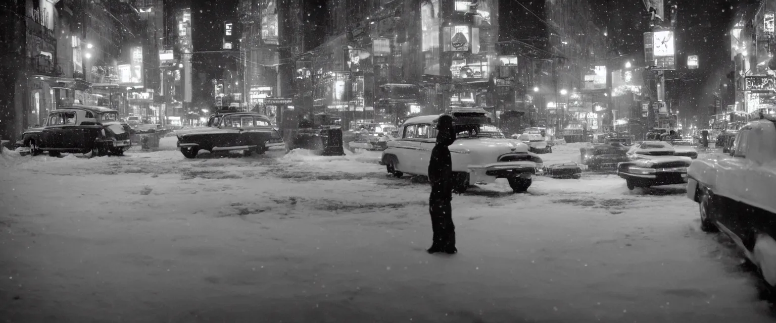 Image similar to detailed sharp photograph in the style of popular science circa 1 9 5 5 and gregory crewdson of a taxi driver in a checker cab in the snow on broadway at night 1 5 0 mm lens close up