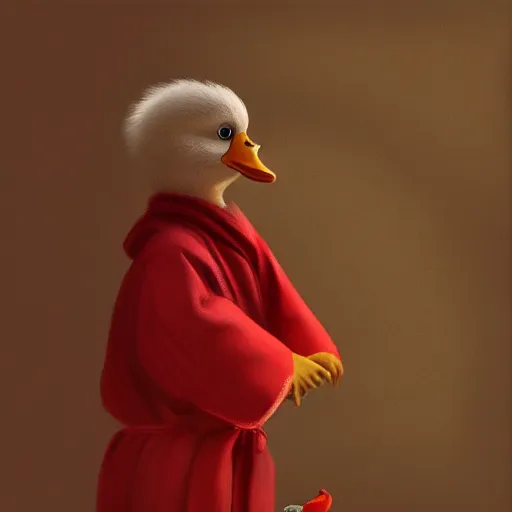 Image similar to cute duck, wearing cultist red robe, doing witchcraft, expressive oil painting, digital art, octane render