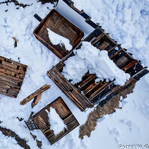 Image similar to abandoned mine and crates full of supplies buried in snow::2 snowy region on coast of ever snow, aerial drone perspective, top down view ::1 sattelite image of snow from 250 meters height, some coal boxes and barrels are covered in snow, old mine remains :: 1 post apocalyptic, snowstorm ::5