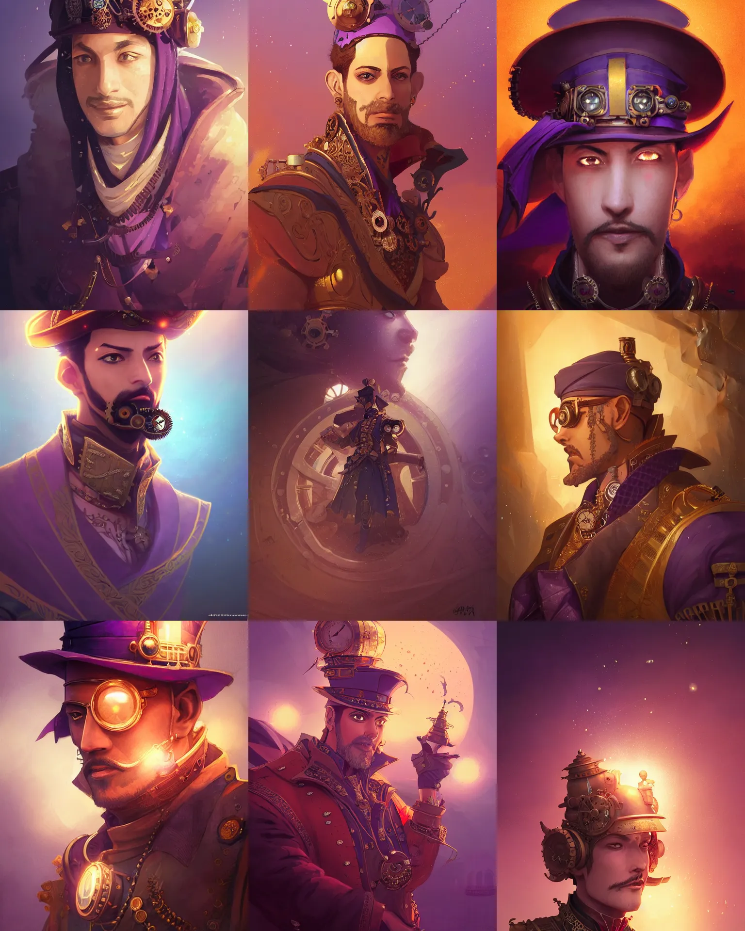Prompt: portrait of a steampunk sultan, light dust, magnificent, close up, gradiant orange to purple, triangles in background, details, sharp focus, elegant, highly detailed, illustration, by Jordan Grimmer and greg rutkowski and PiNe(パイネ) and 薯子Imoko and 香川悠作 and wlop and maya takamura, intricate, beautiful, Trending artstation, pixiv, digital Art