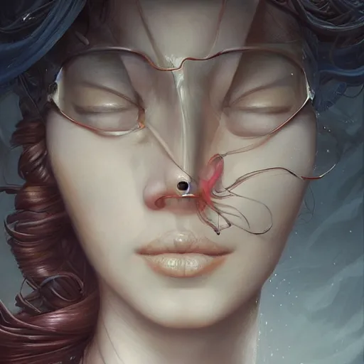 Image similar to blindfolded woman with a finger on her lips shushing, by peter mohrbacher, artgerm, karol bak, loish, ayami kojima, james stokoe, highly detailed, ultra detailed, ultra realistic, trending on artstation