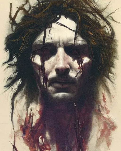 Image similar to a beautiful but sinister man in layers of fear, with haunted eyes and wild hair, 1 9 7 0 s, seventies, woodland, a little blood, moonlight showing injuries, delicate embellishments, painterly, offset printing technique, by brom, robert henri, walter popp