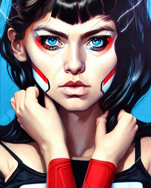 Image similar to artgerm and sandra chevrier comic cover art, full body cute young lady, symmetrical eyes, bangs, rim lighting, vivid colors