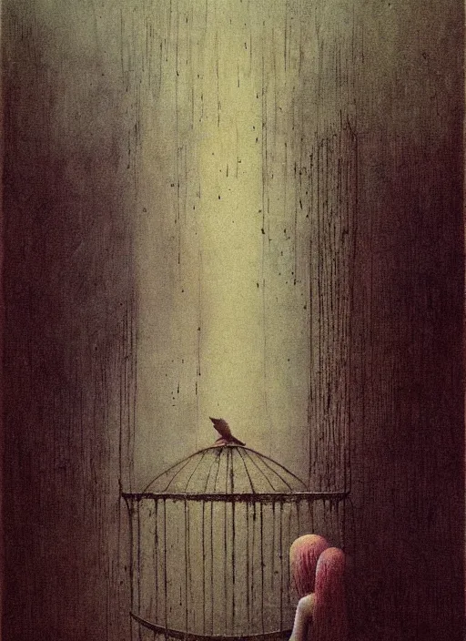 Prompt: girl in birdcage by Beksinski